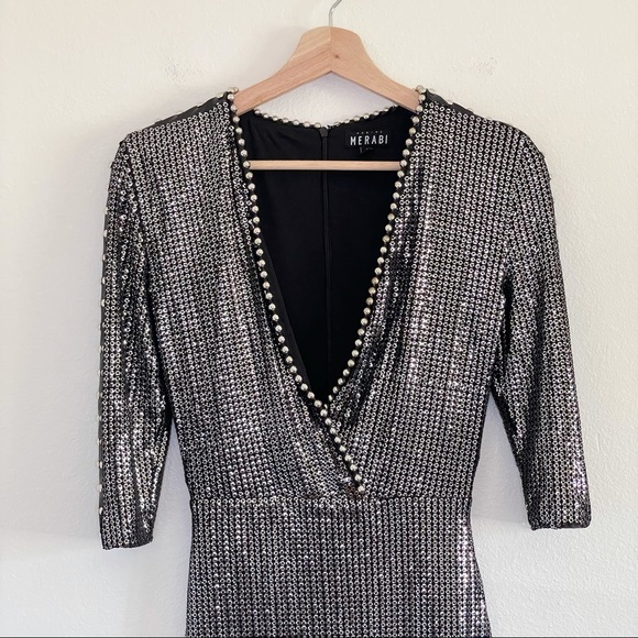 Nadine Merabi Katia Sequin Studded Plunging Mini Dress Silver Black Small - Picture 7 of 16